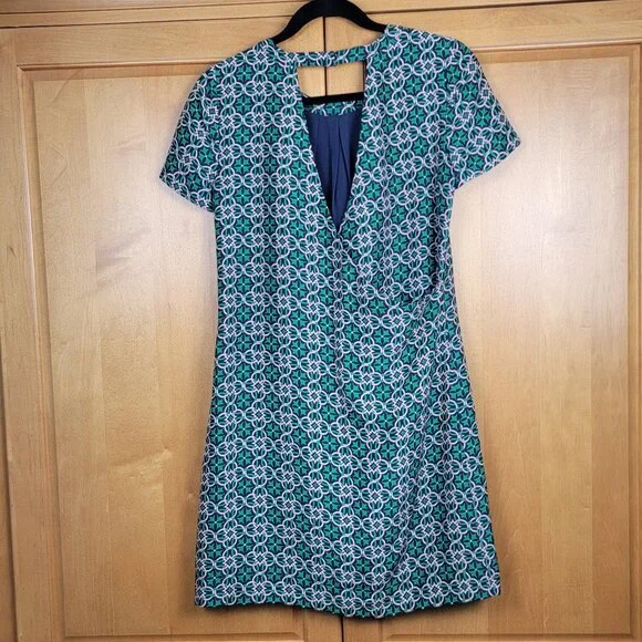 J. Crew Cutaway Back Green Navy Silk Swoop Dress in Latticework Medallion - 0 - Picture 8 of 12